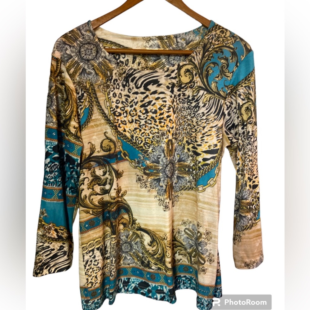 Impulse california animal print casual knit ladies Top large cheetah teal
